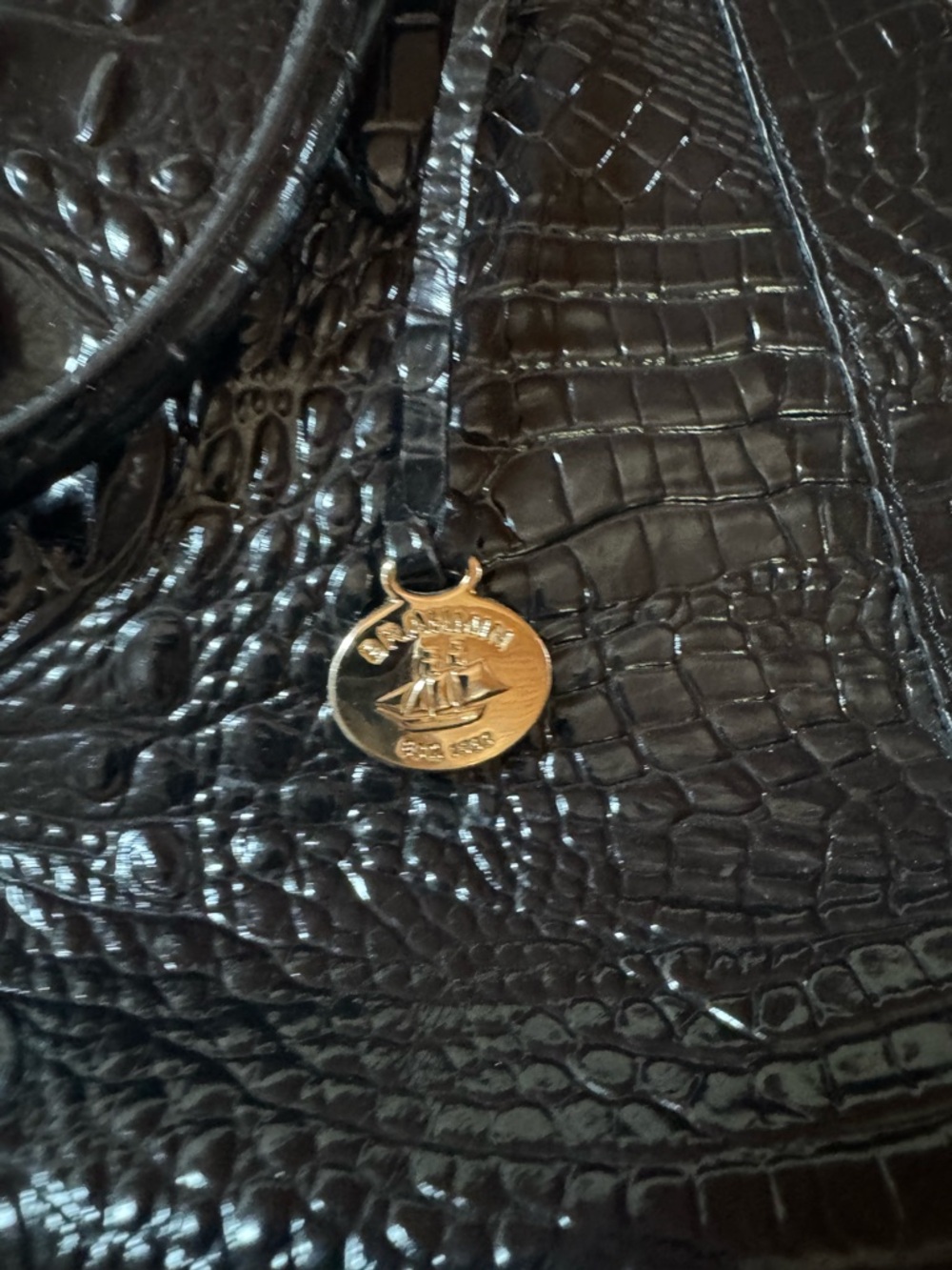 Brahmin Black Croc-Embossed Patent Leather Melbourne Satchel with Gold Accent - Picture 2 of 7